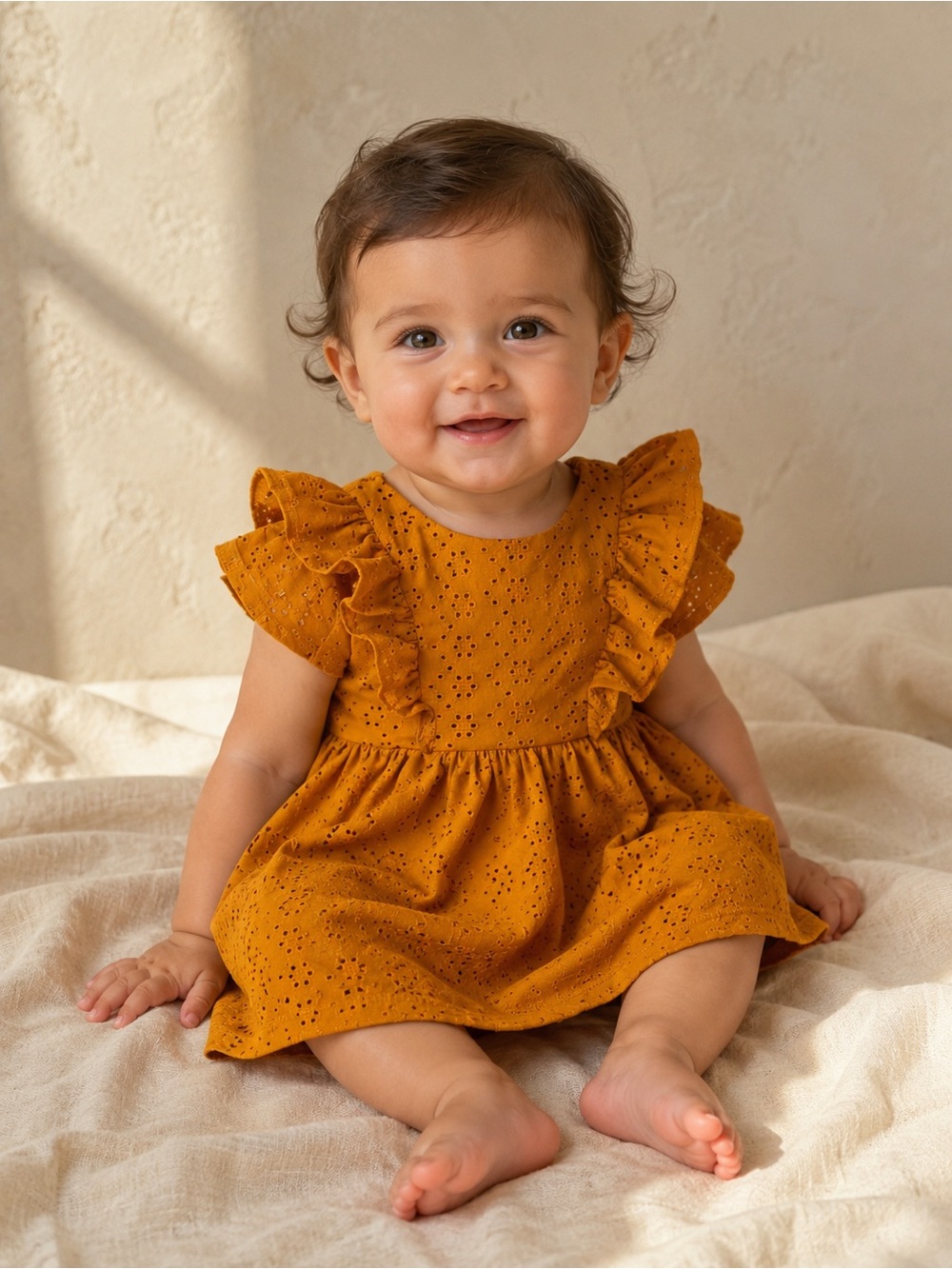 Blueberi Boulevard Eyelet Flutter Dress in Mustard, Size 12M